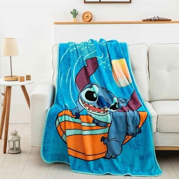 New Lilo & Stitch Surfing Plush Fleece Throw Gift Blanket Movie Surfboard Ocean - Picture 2 of 4